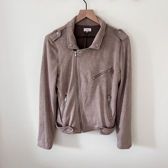Pixley Faux Suede Moto Jacket Womens Cropped Full Zip Pockets Lined Beige Medium - Picture 2 of 7